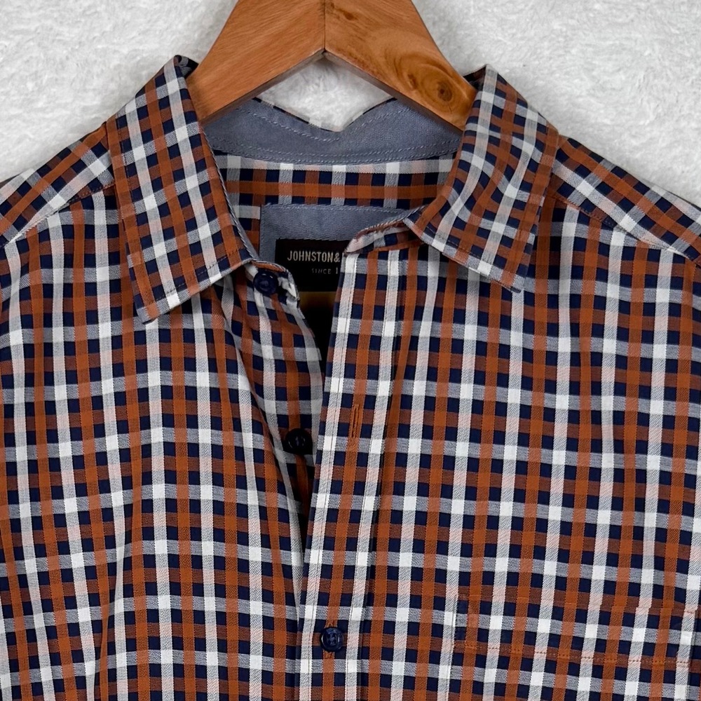 Johnston & Murphy Button Down Mens Large Orange Blue Check Long Sleeve Shirt
